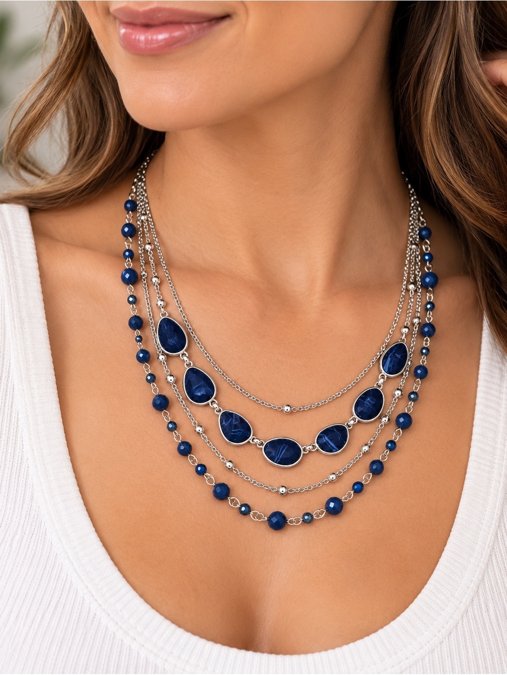 *NWT* Style & Co Navy Blue Color Stone & Bead Layered Strand Necklace, 17" + 3"